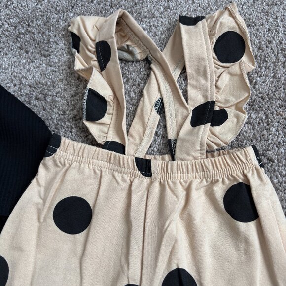 Infant HI I"M HERE Black Top w/Cream Overalls Polka Dot Pant Set 12-18mos. - Picture 3 of 4